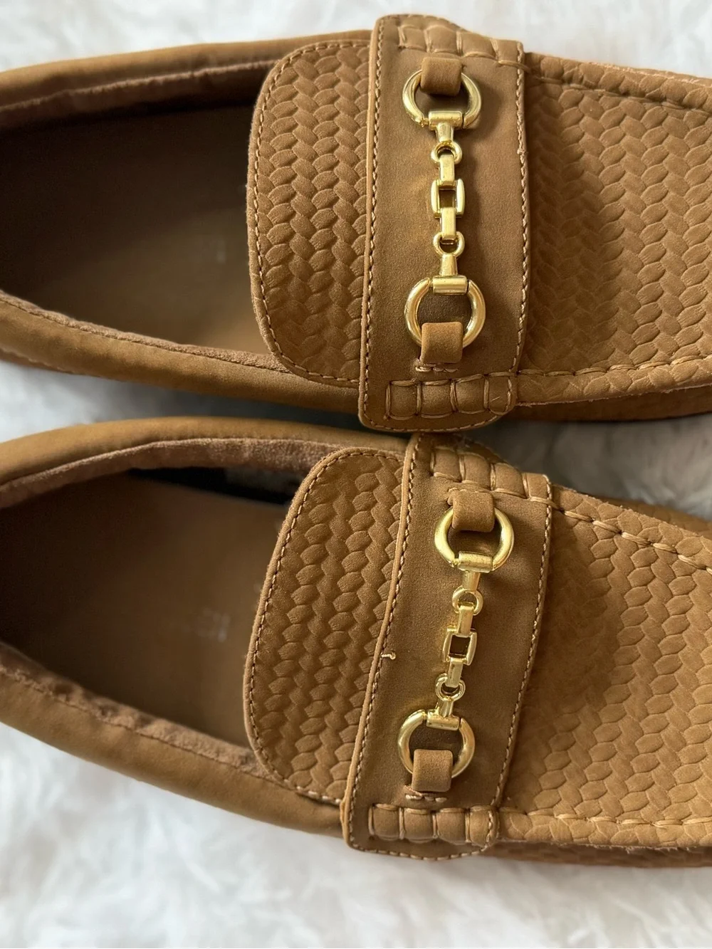 Steve Madden Tan Loafers with Gold Chain Trim